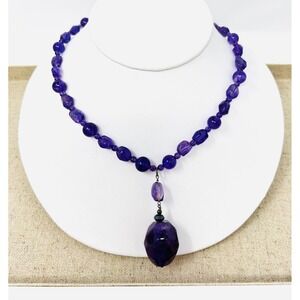 Sterling Silver Purple Amethyst Beaded Statement Necklace Faceted Pendant
